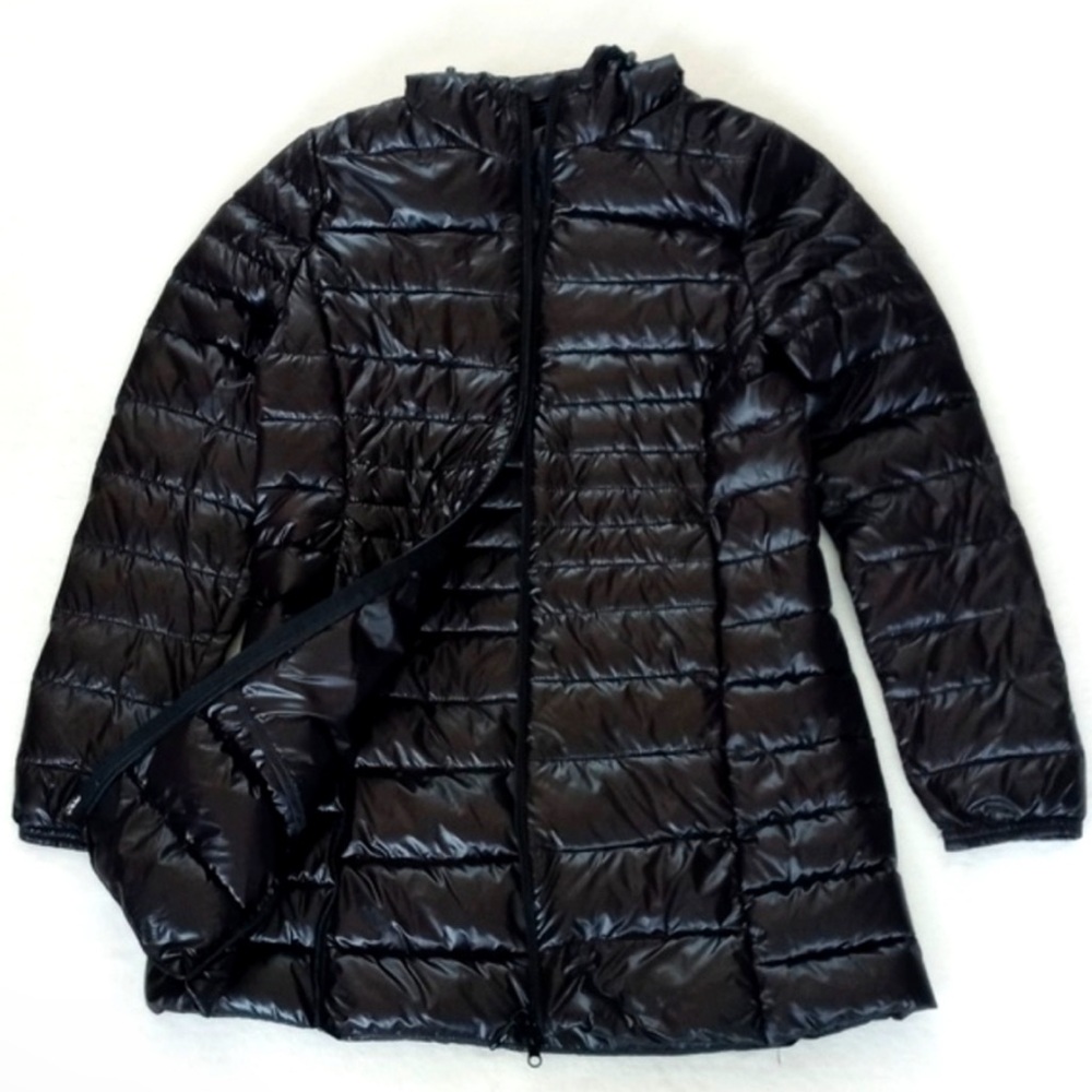 Women’s Black Lightweight Quilted Puffer Coat Hooded Mid Length Coat S
